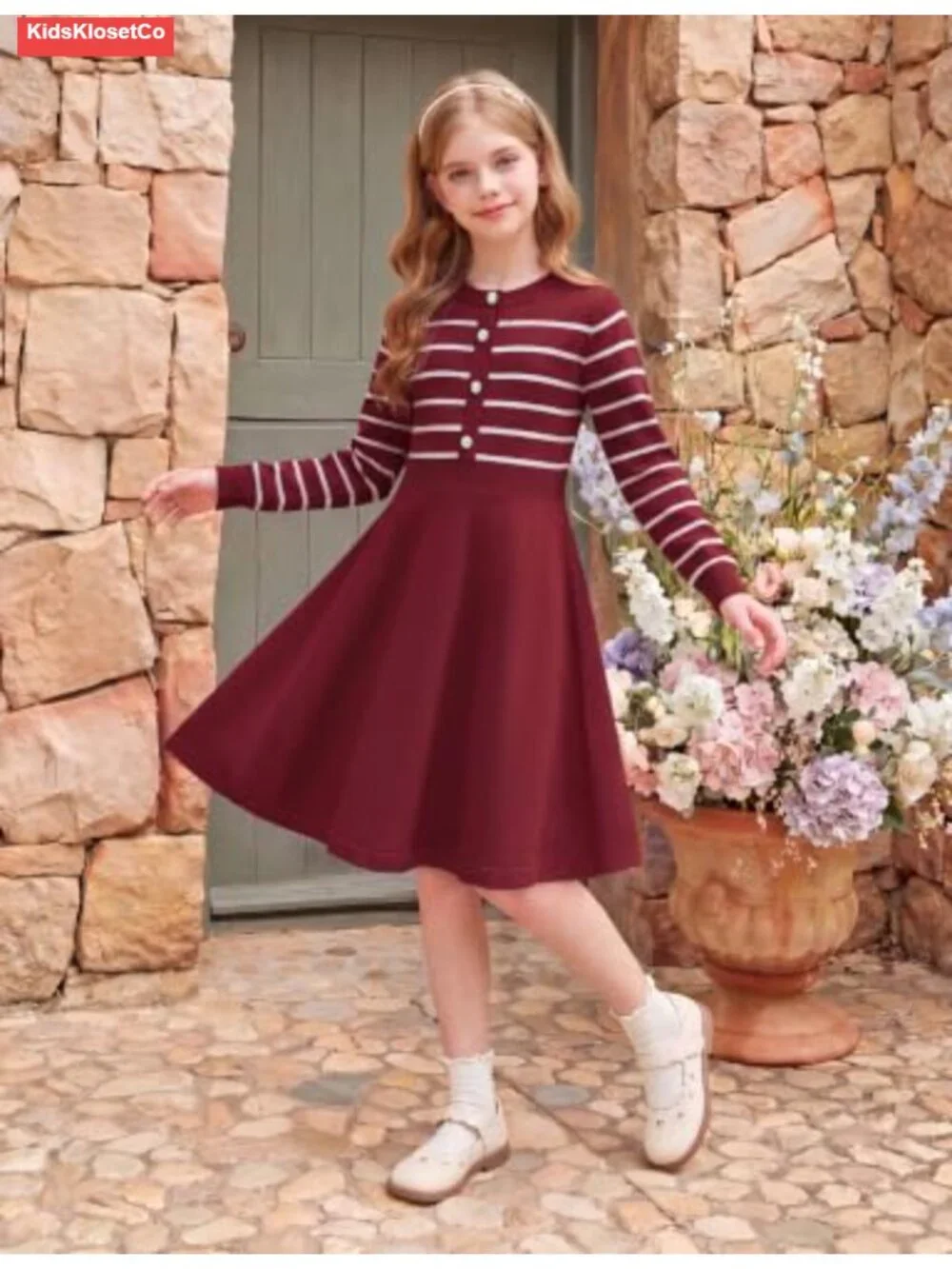 Girls Sweater Dress Long Sleeve Crew Neck Floral Stripe Knit A-Line School Party